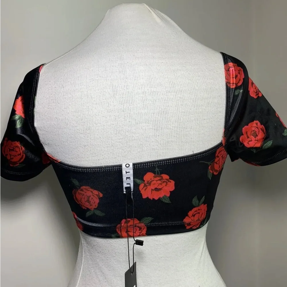 MOTEL ROCKS Yoona Crop Top Black Floral Satin Stretch Rose Size Small UK 10 - Picture 5 of 9